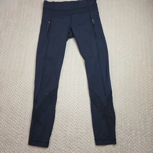 Lululemon Navy Blue Mesh Panel‎ Running Leggings with Zipper Pockets Size 4